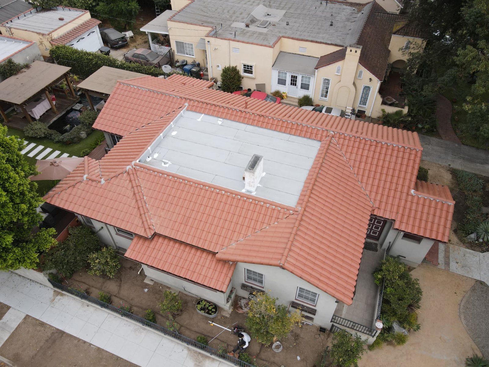 Aerial view of a residential clay tile roof