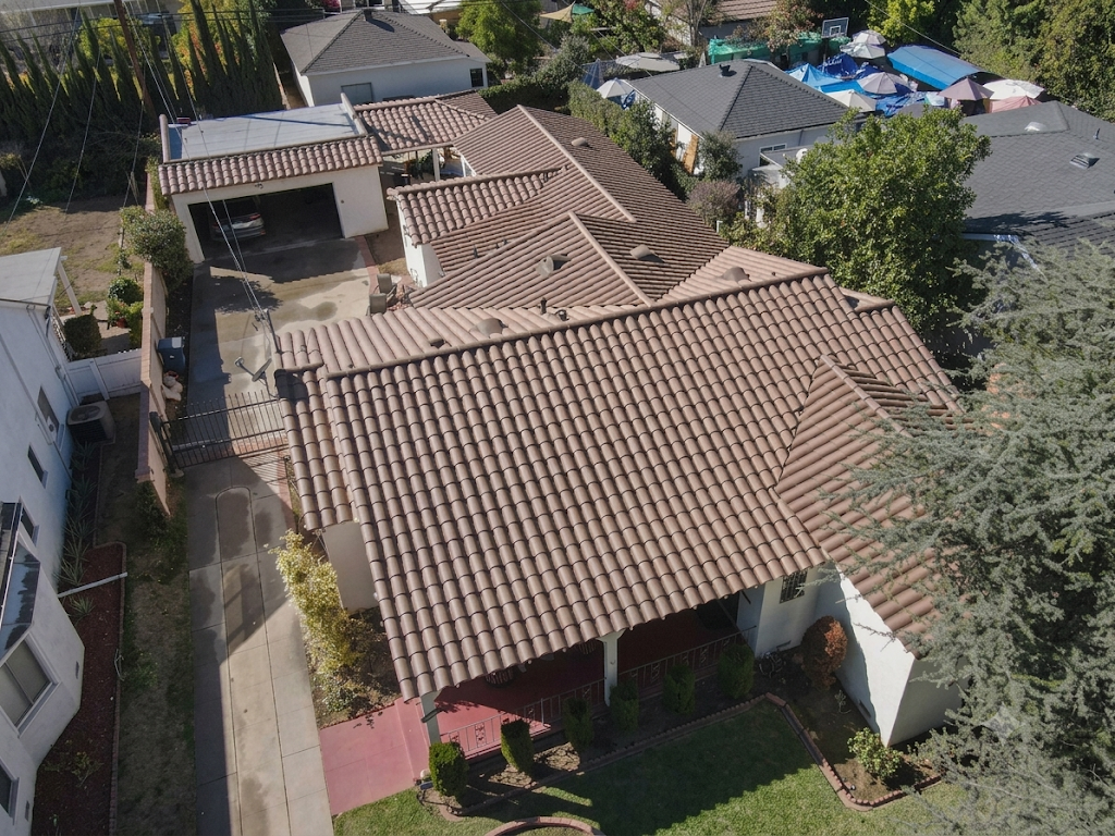 Close aerial view of a residential clay tile roof